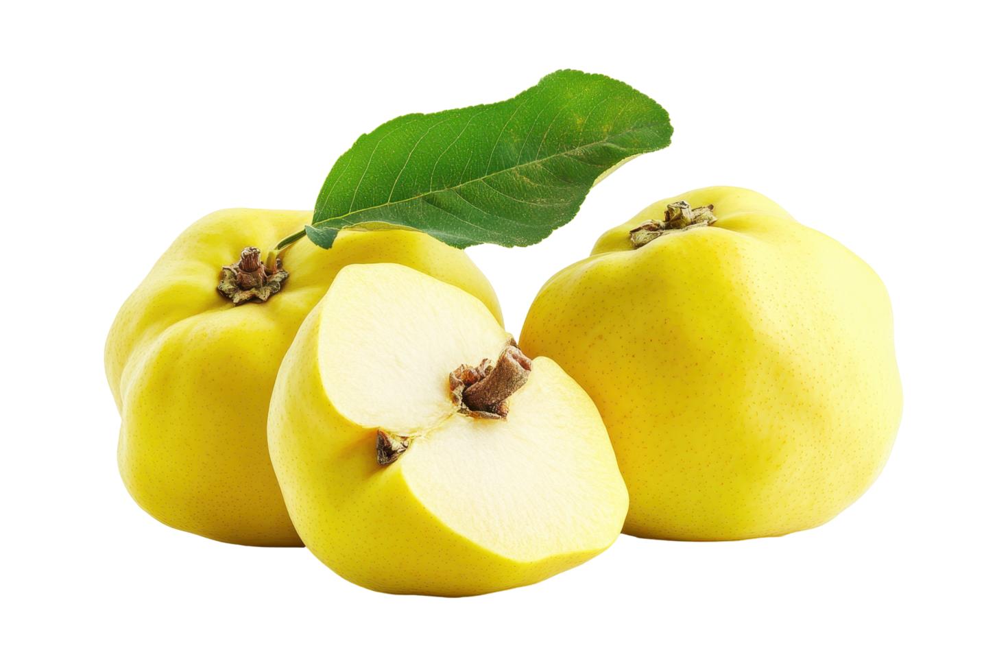 Three yellow quinces and an slice close up. png