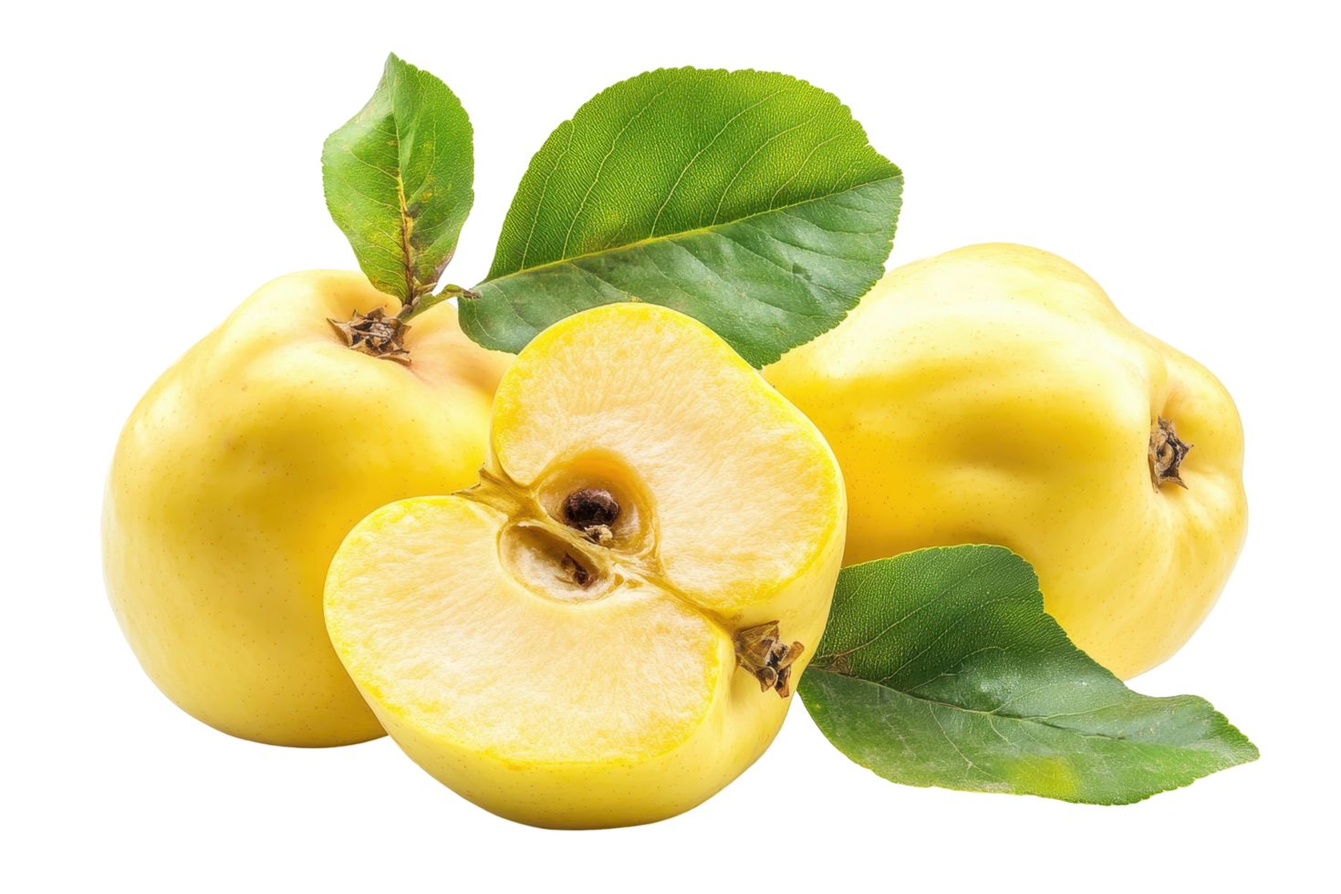 Two halves of a golden quince and leaves. png