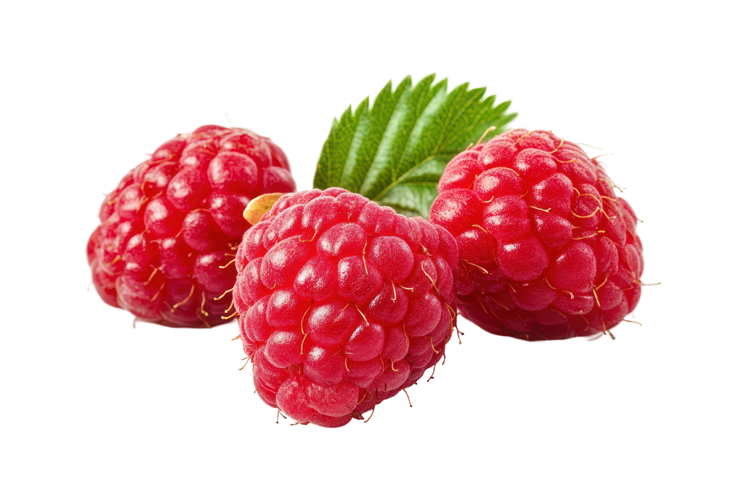 Close-up view of three vibrant raspberries. png