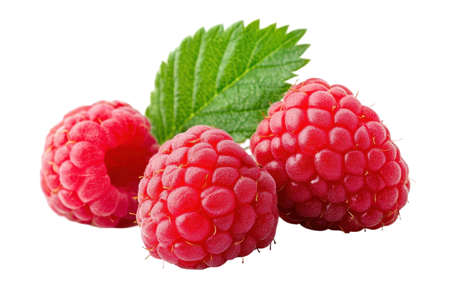 Close up of three fresh raspberries with vibrant color. png