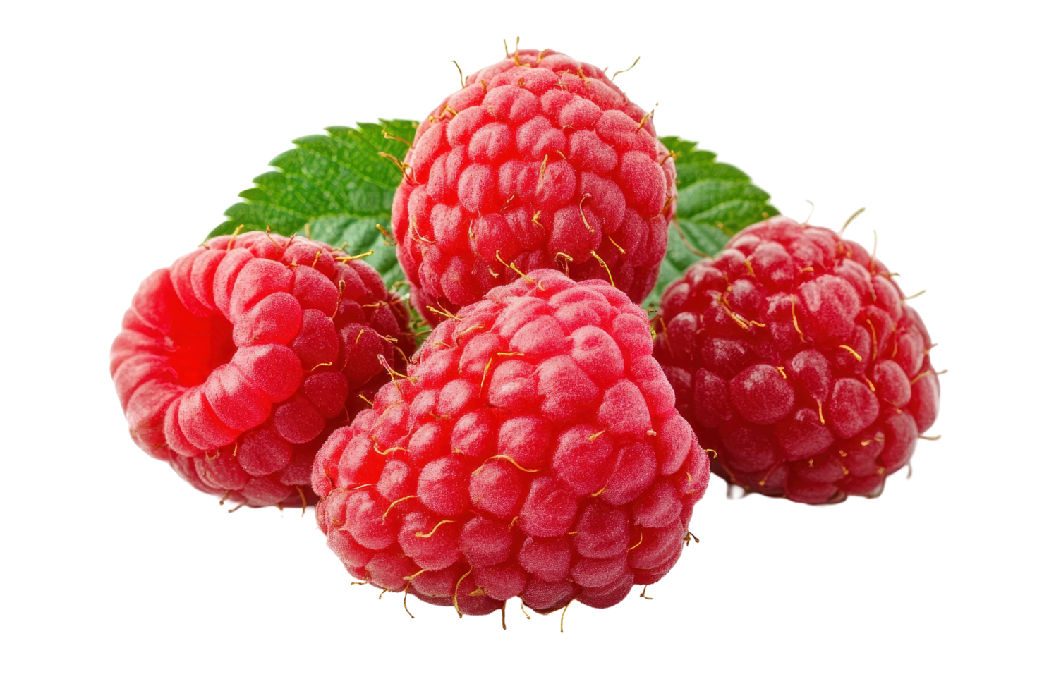 Close-up view of fresh, juicy raspberries with green leaves. png