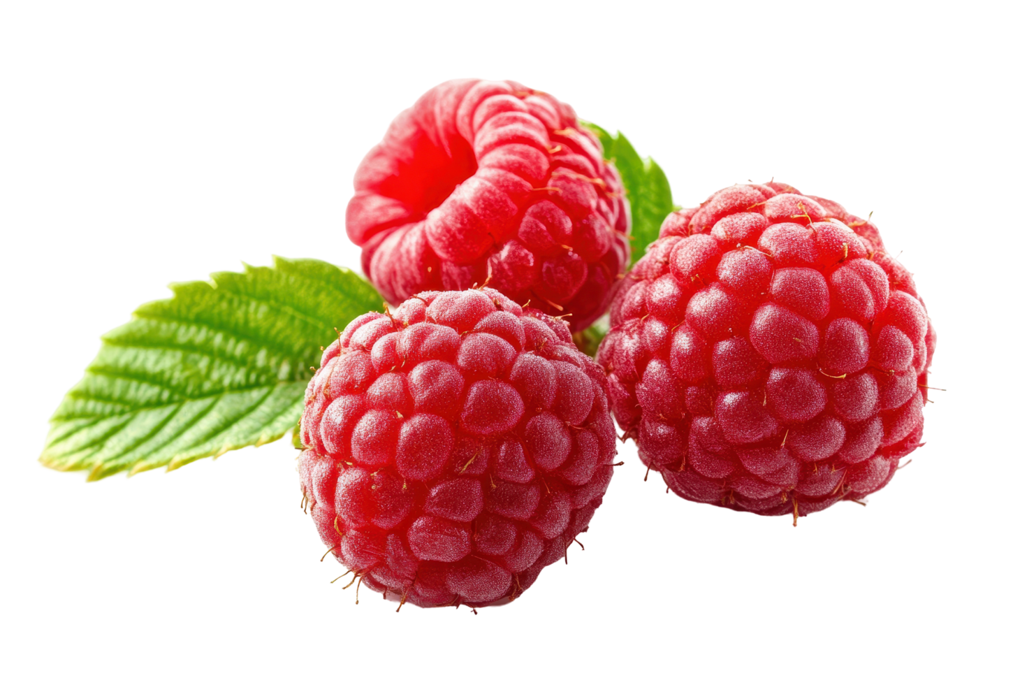 Close up of fresh raspberries with green leaves. png