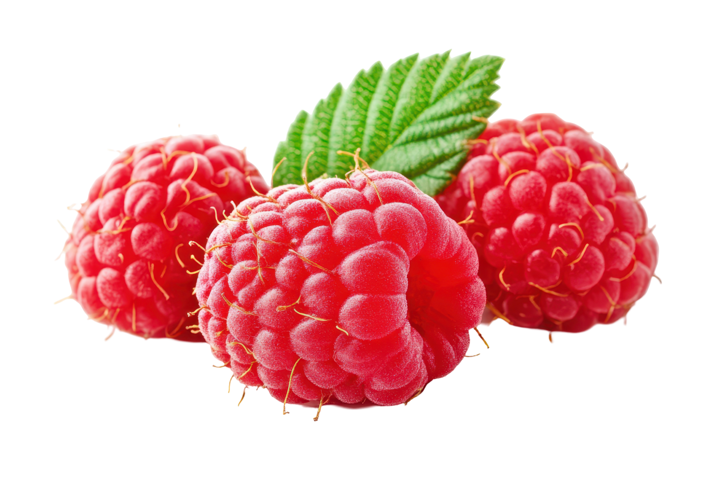 Close-up view of three fresh raspberries with leaves. png