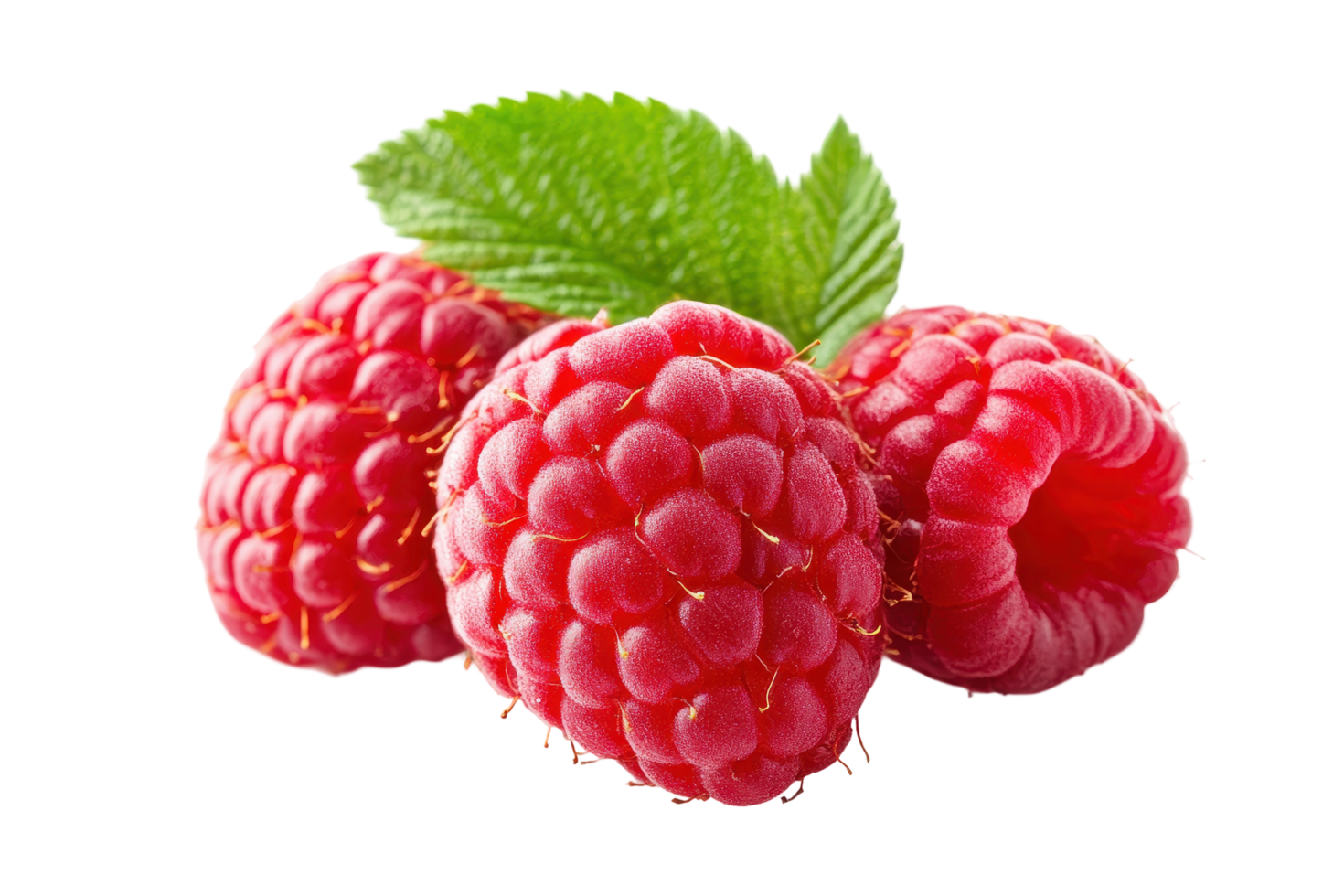 Fresh raspberries clustered together with leaves. png