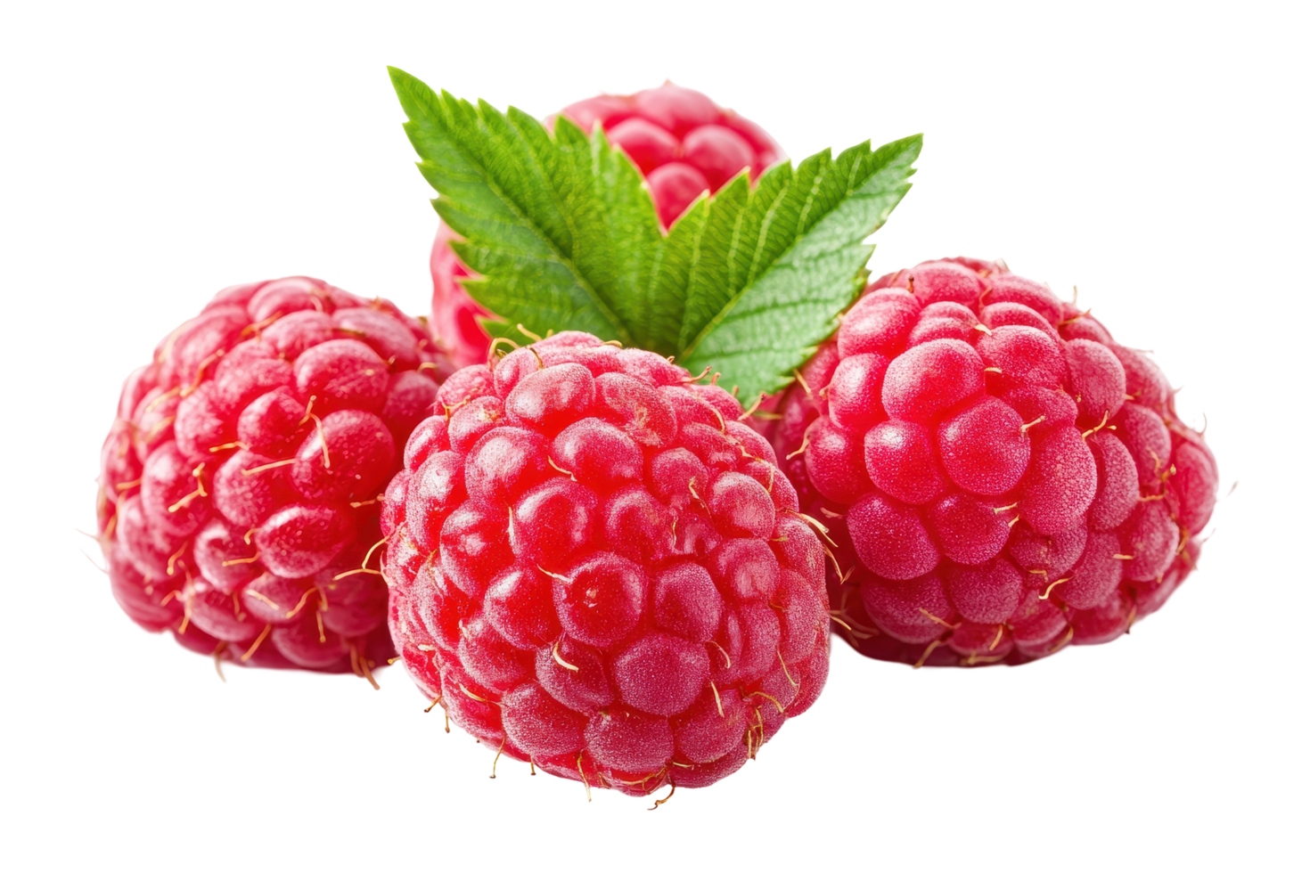 Close up view of plump, fresh raspberries with green leaves. png