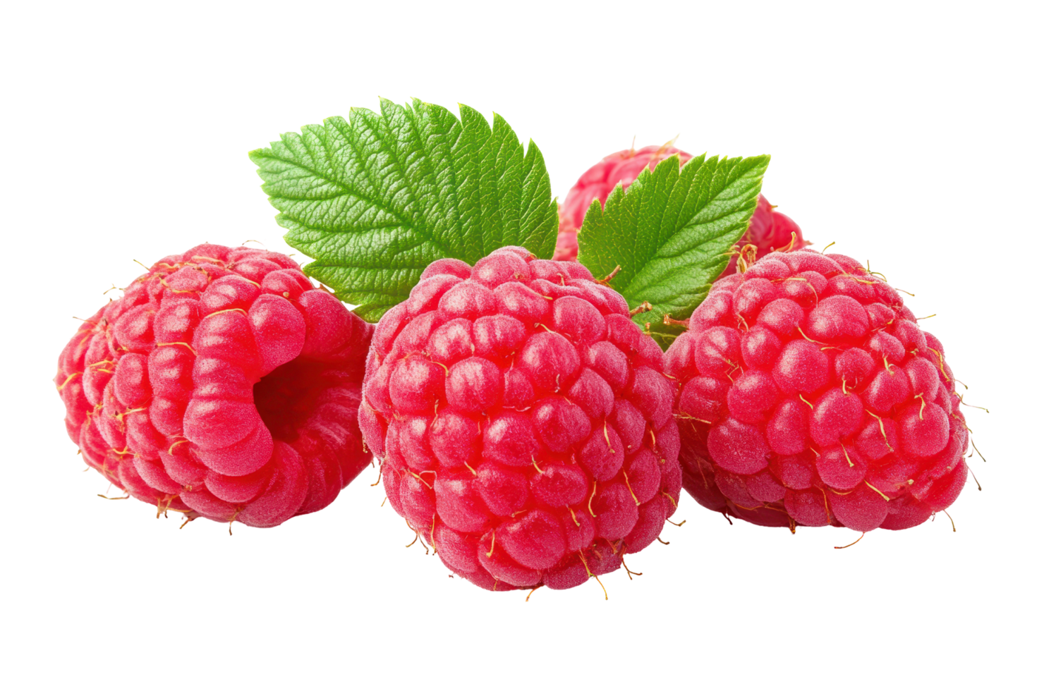 Close-up view of fresh, vibrant raspberries with green leaves. png