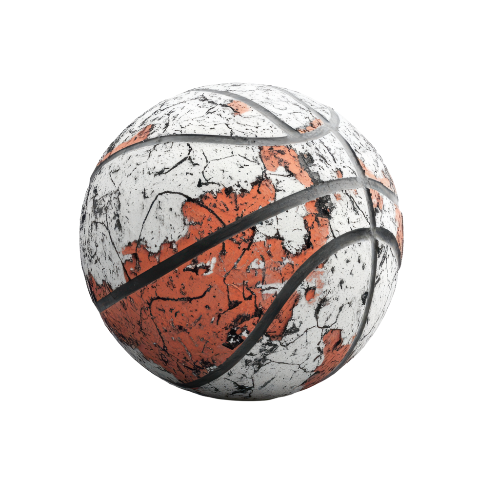 A worn basketball, displaying aged, cracked patterns. png