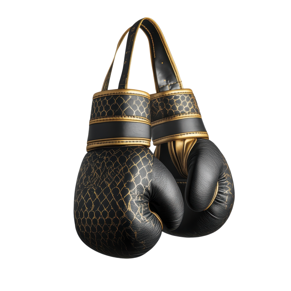 Pair of black boxing gloves with gold accents. png