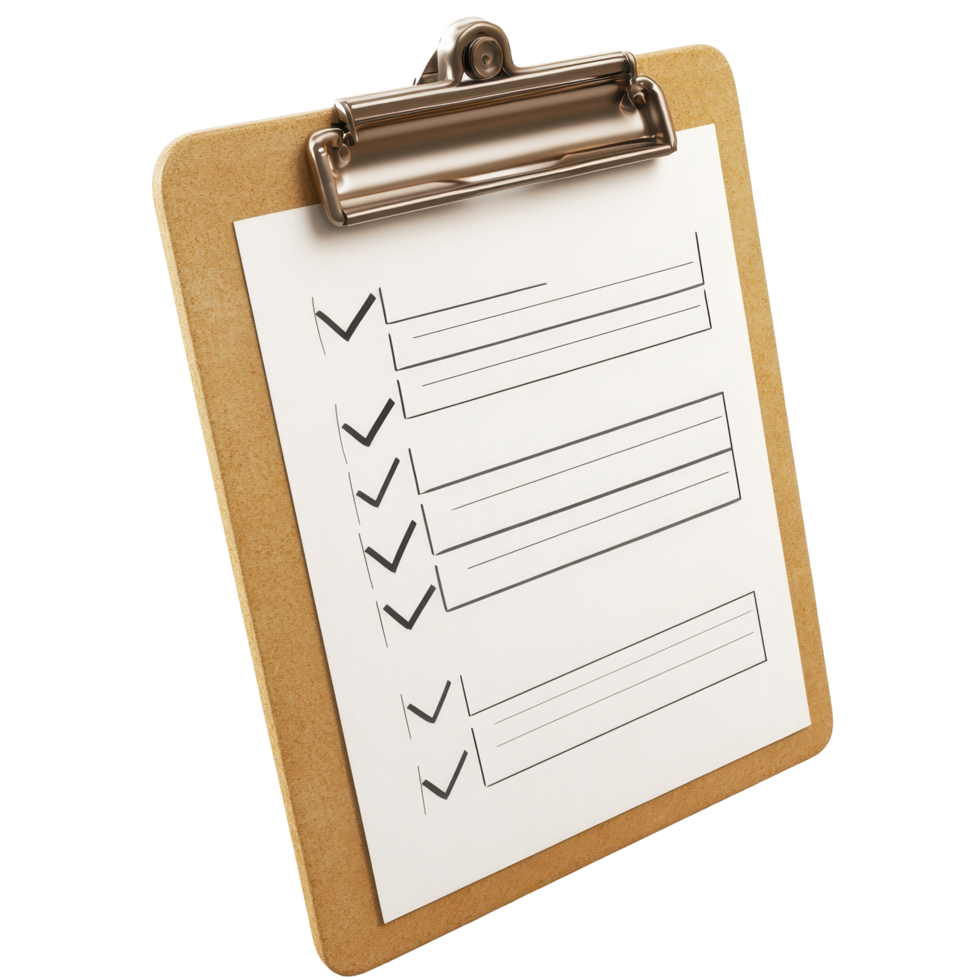 Wooden clipboard holding a blank checklist form. png