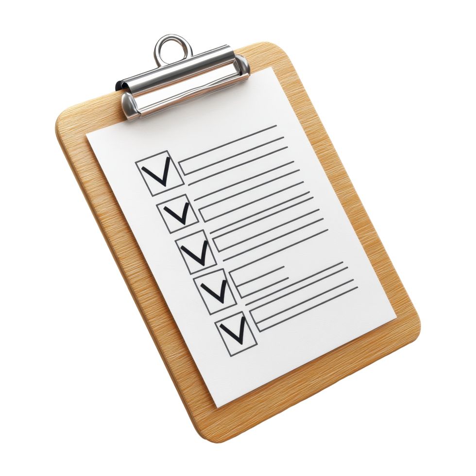 Wooden clipboard holding a checklist document. png