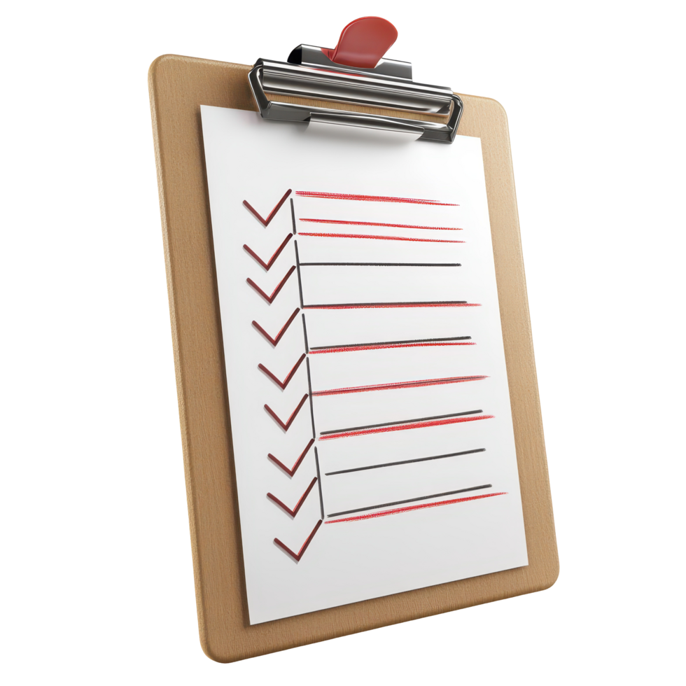 A realistic image of a clipboard with a checklist. png
