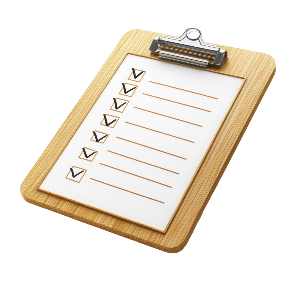 Wooden clipboard with checklist and blank lines. png