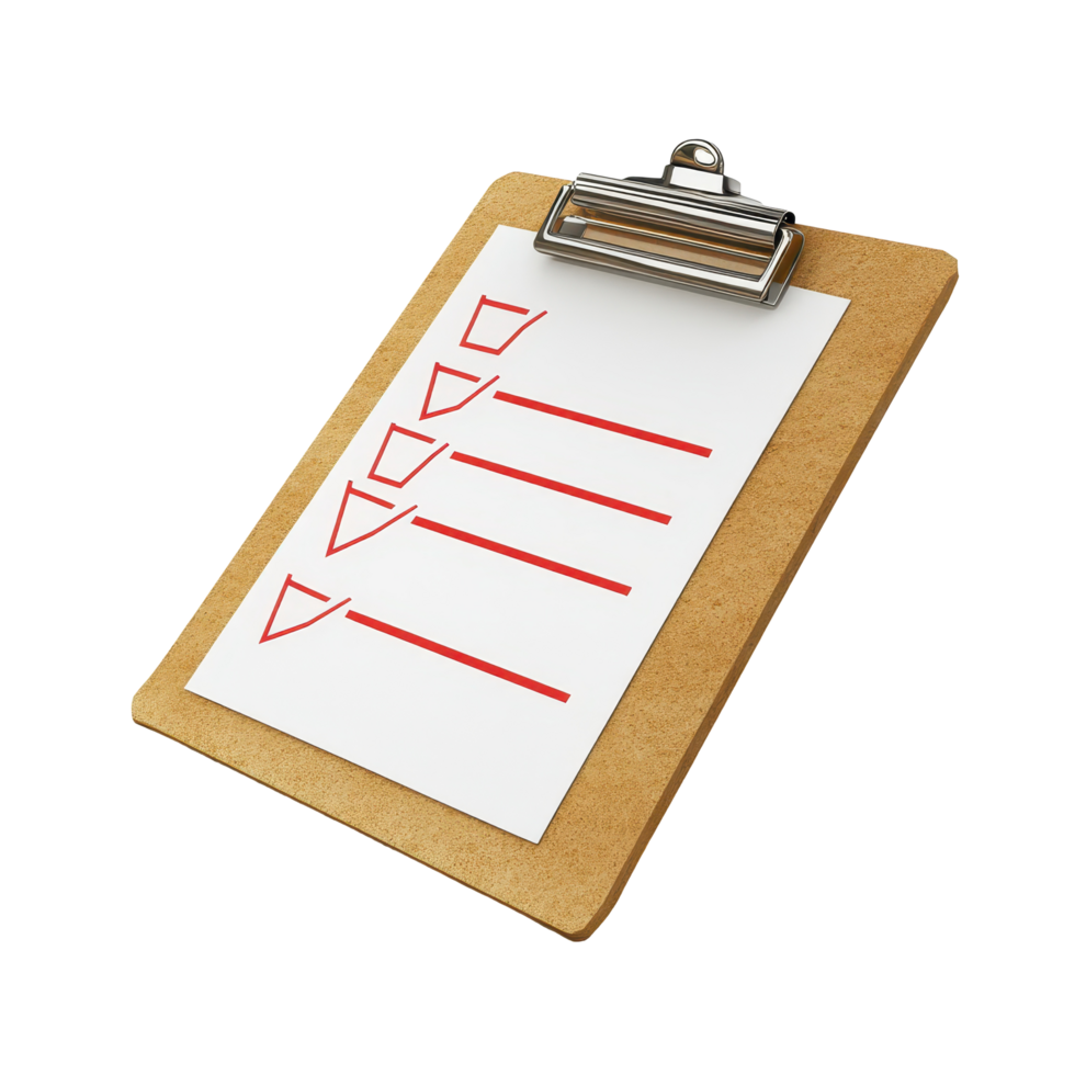 A wooden clipboard holding a checklist. png
