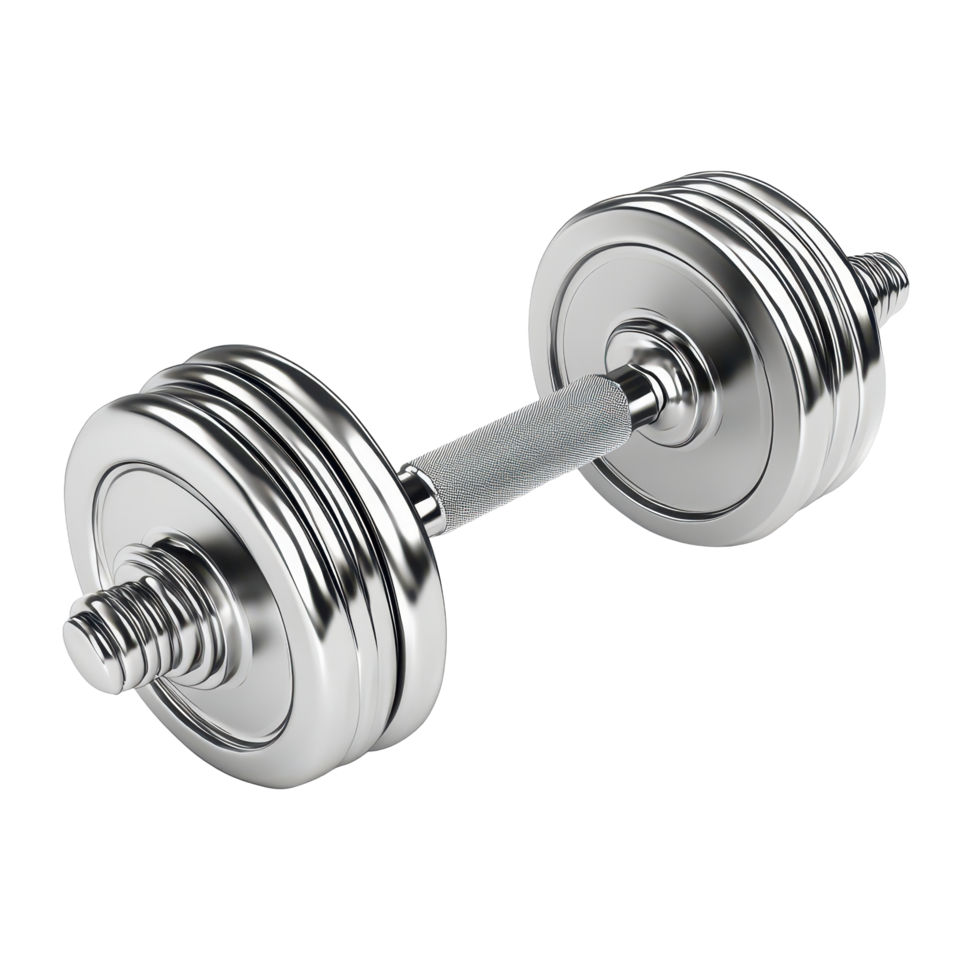 Close-up view of a metallic dumbbell against a dark background. png