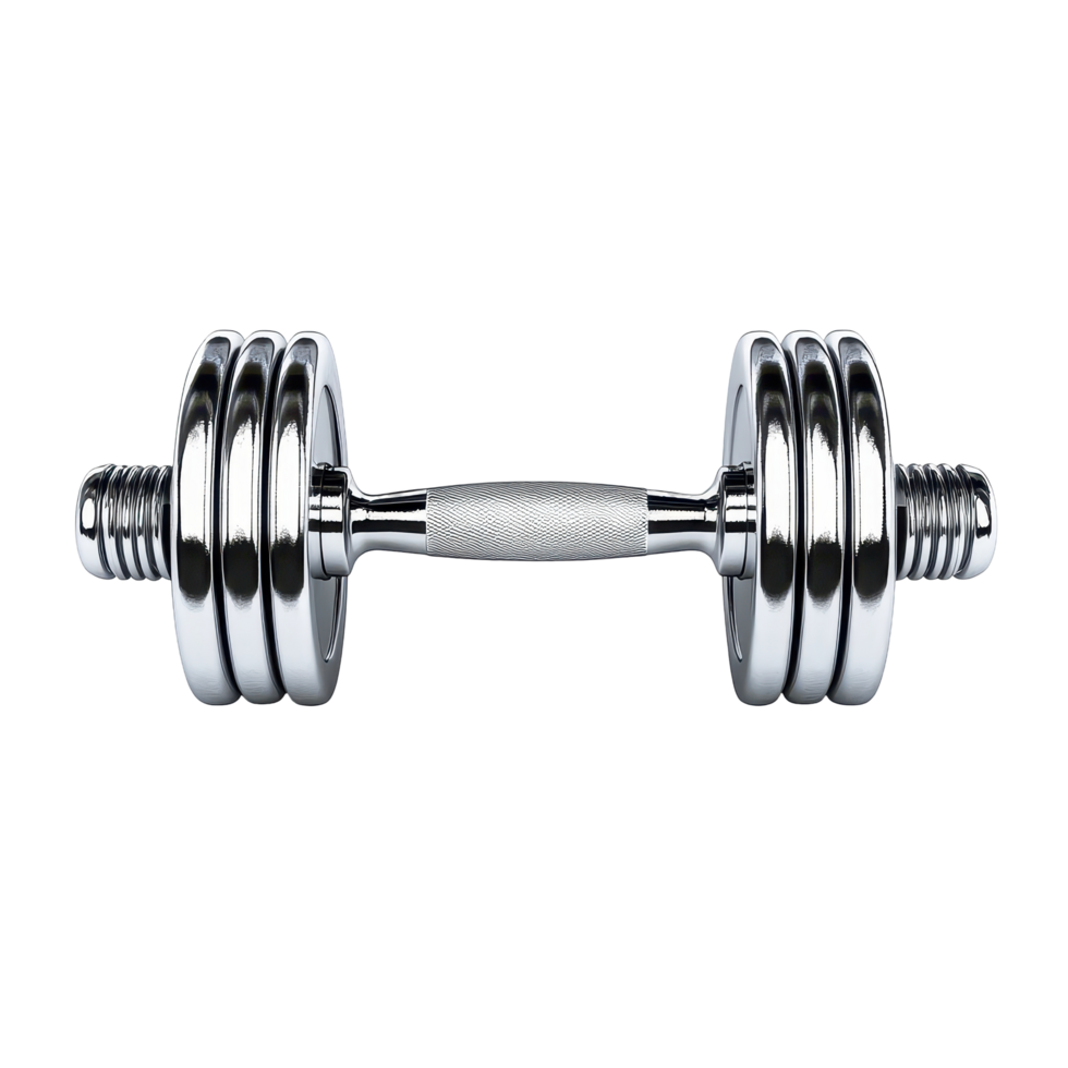 Metallic dumbbell with weight plates in a setting. png