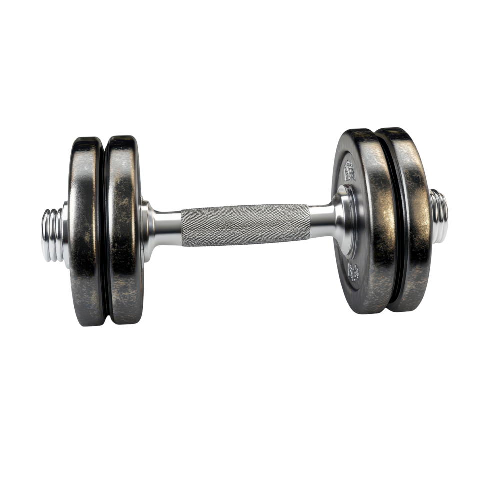 A metallic dumbbell, isolated, with textured details. png