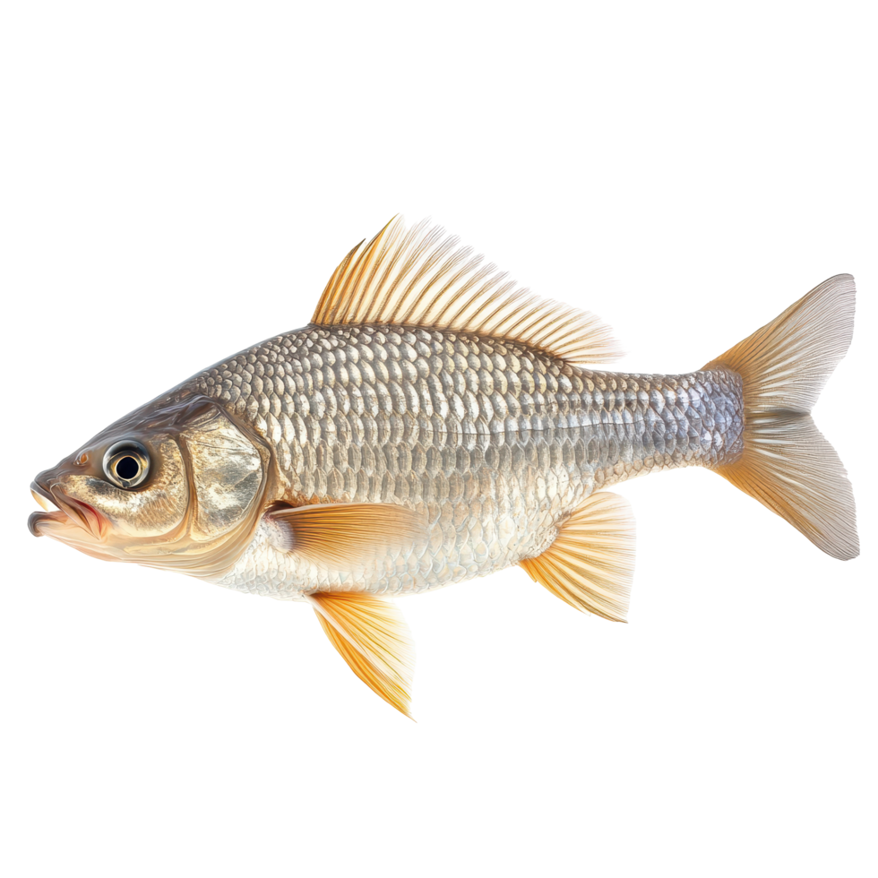 Close-up view of a light gray and yellowish fish. png