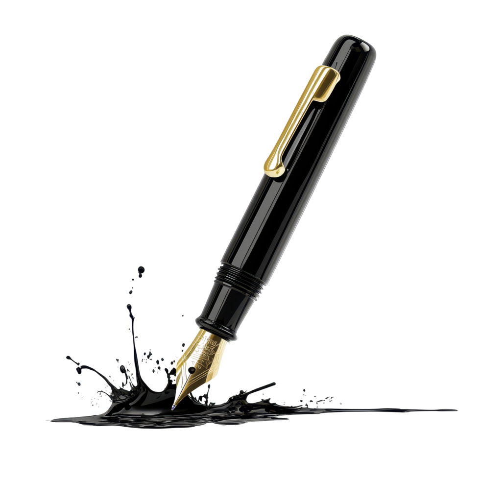 Black fountain pen with gold trim and ink splash. png