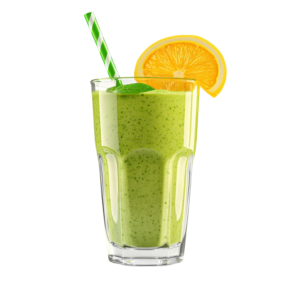 Refreshing green smoothie drink with citrus garnish. png