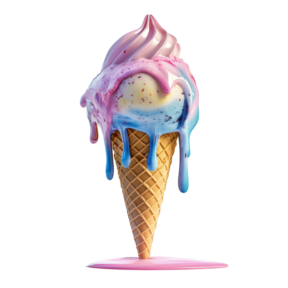 Melted ice cream cone with vibrant colors. png