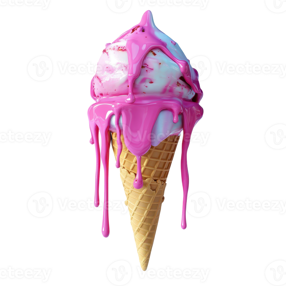 Melted ice cream cone with dripping pink sauce. png