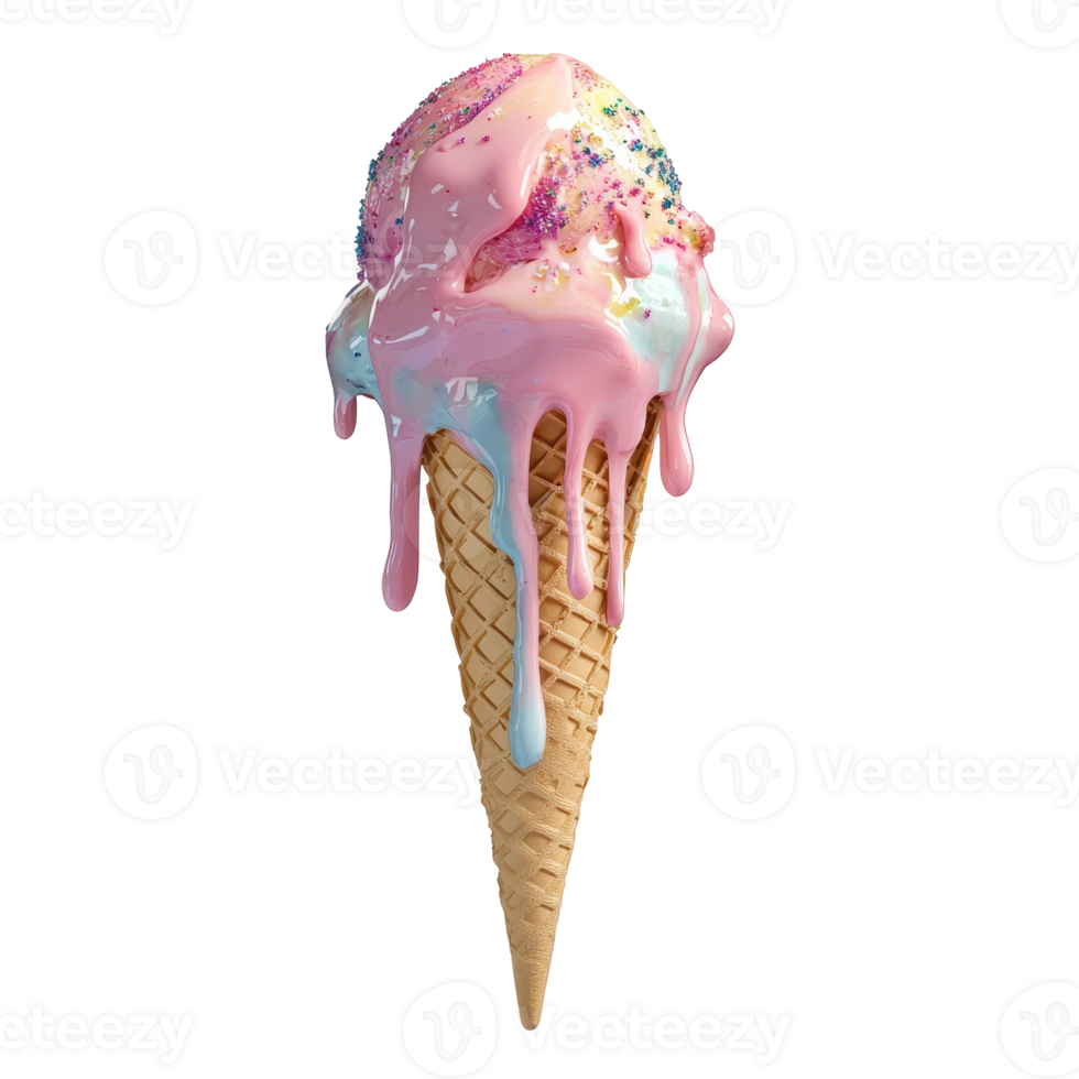 A melting colorful ice cream cone with dripping sugary sauce. png