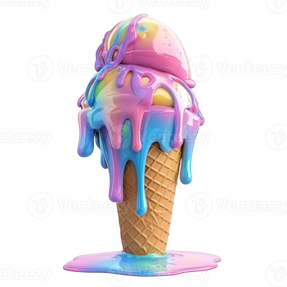 Colorful, melting ice cream cone with vibrant drips. png