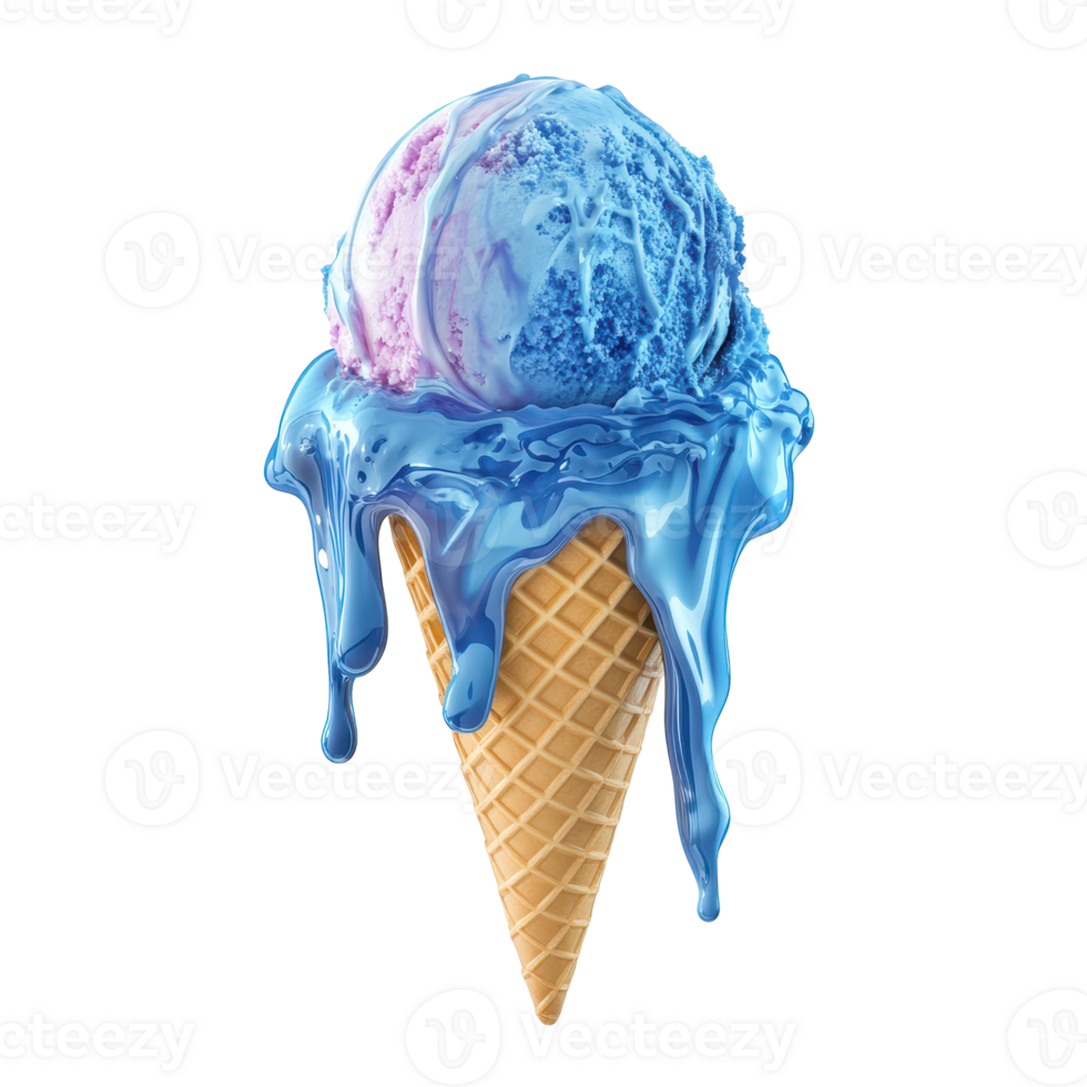 Melting, vibrant ice cream cone with a dual color scoop. png