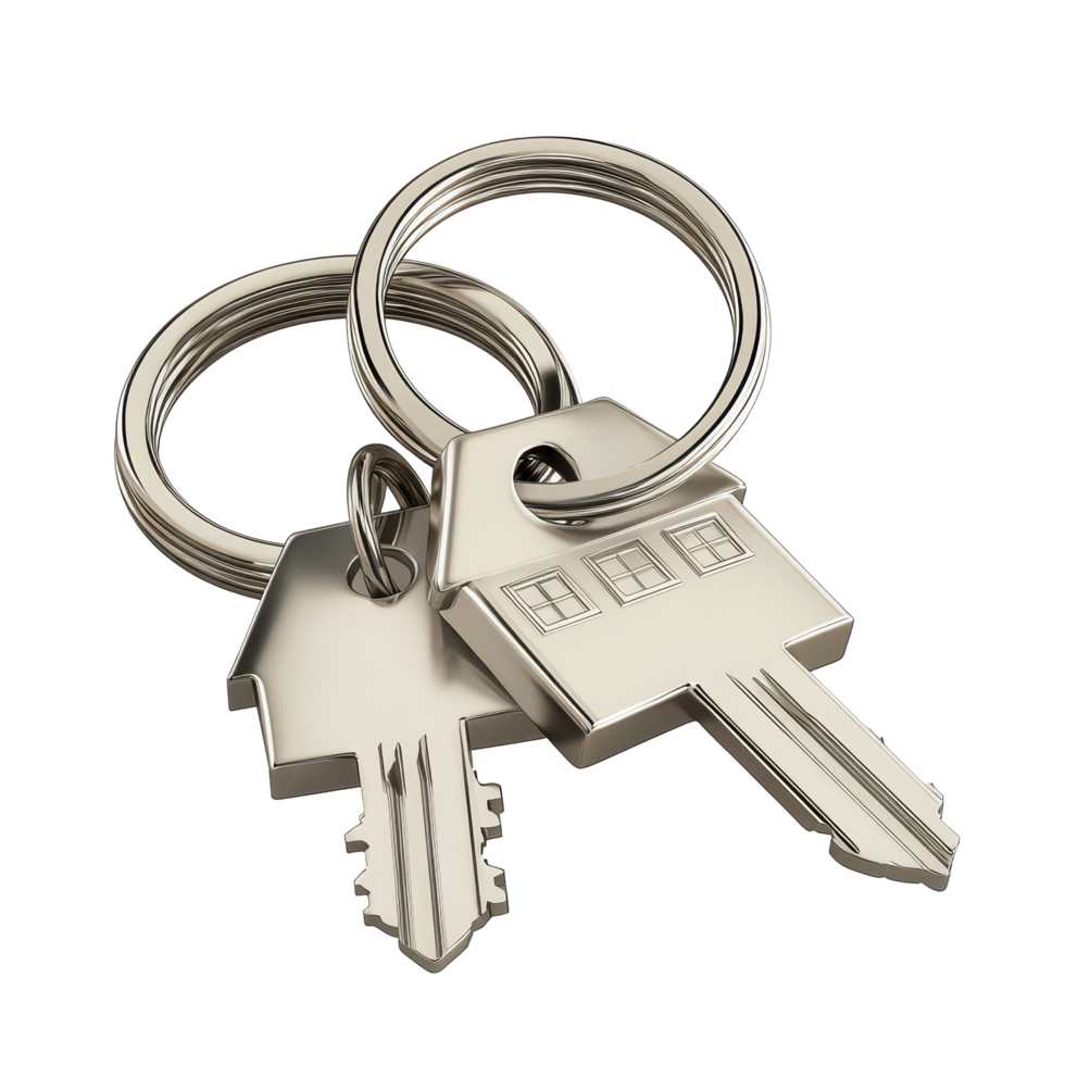 Two house-shaped keys on a keyring, metallic and realistic. png
