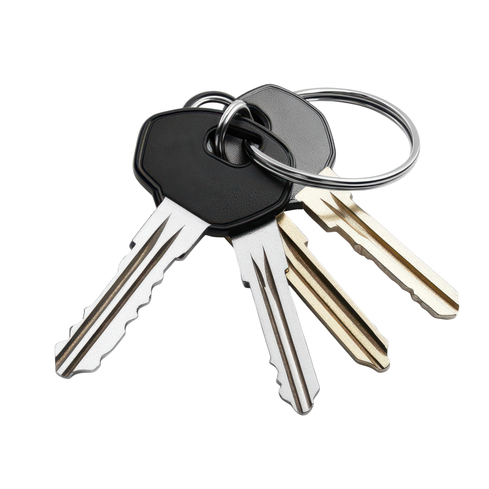 Close-up view of several metal keys attached to a keyring. png