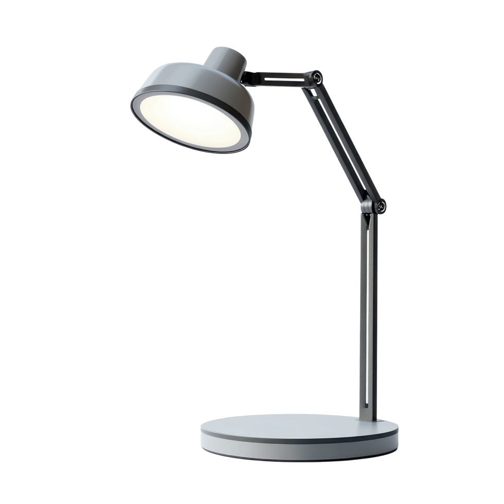 Modern adjustable desk lamp illuminated in a setting. png