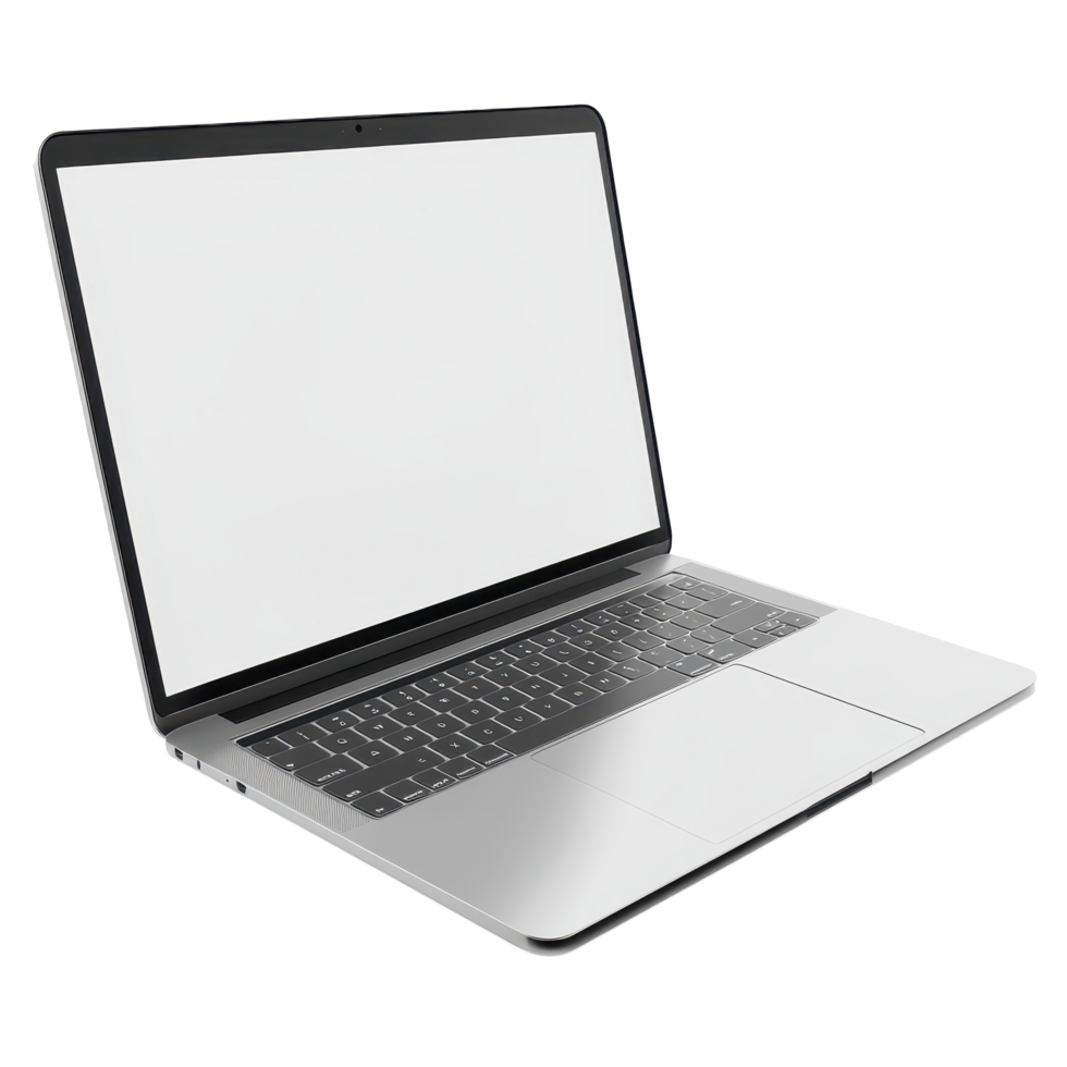 Modern laptop computer with blank screen, angled view. png