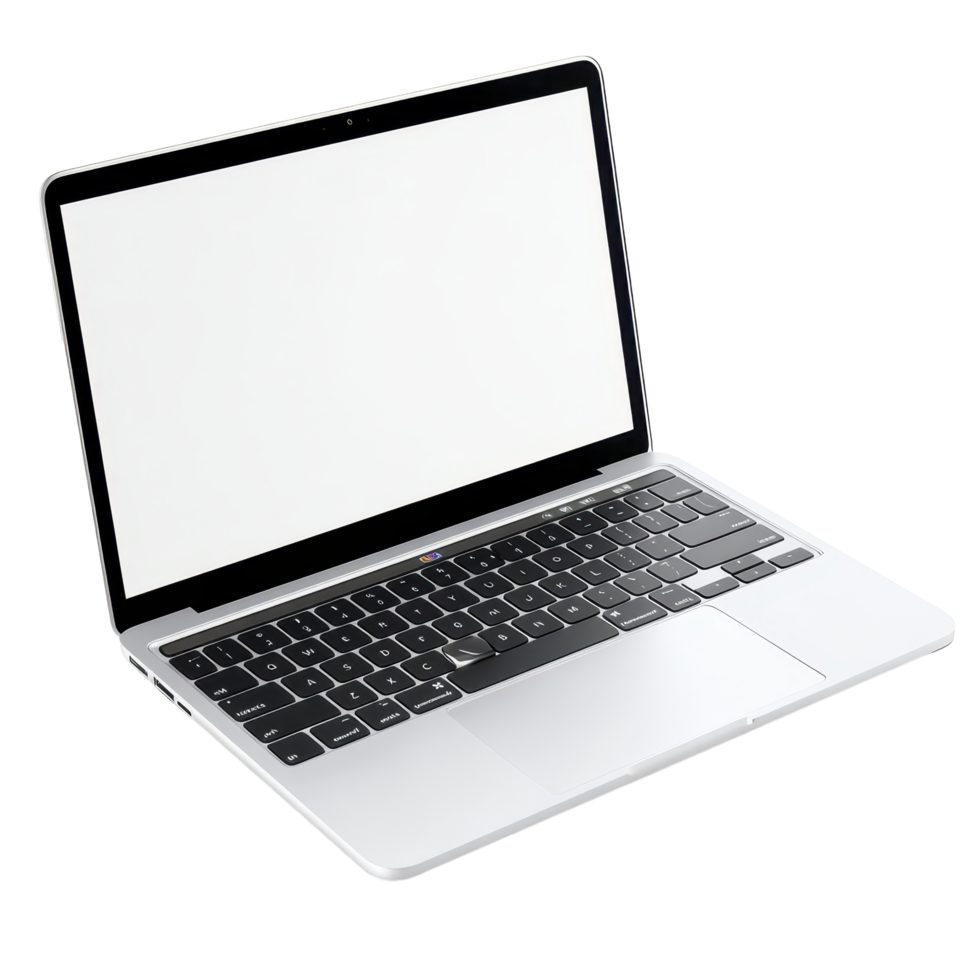 Sleek silver laptop computer with blank screen displayed. png