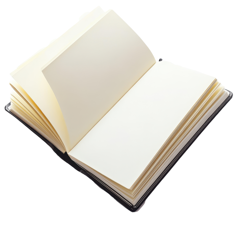 Open notebook showcasing blank pages within. png