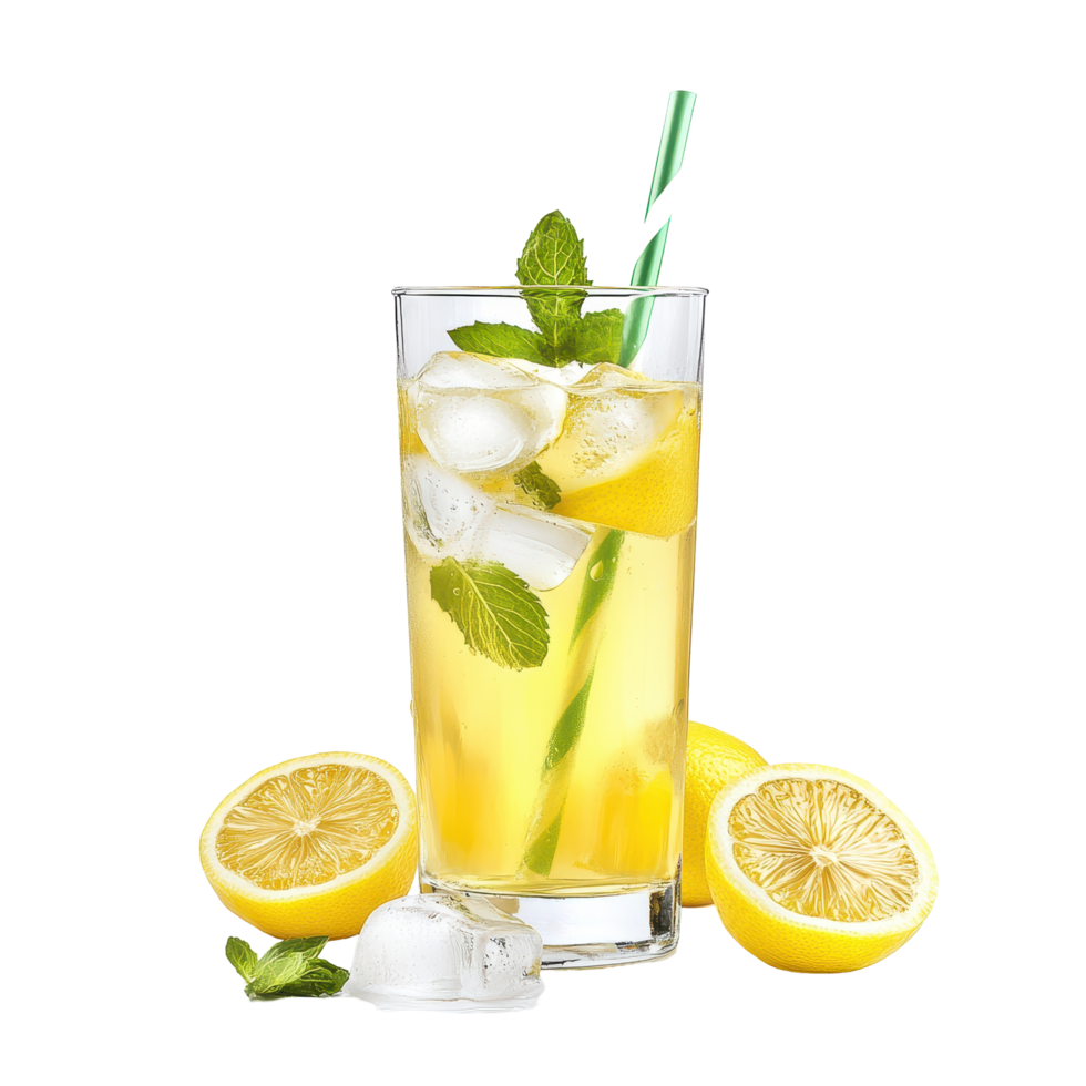 Refreshing beverage in a tall glass with ice and lemon slices. png