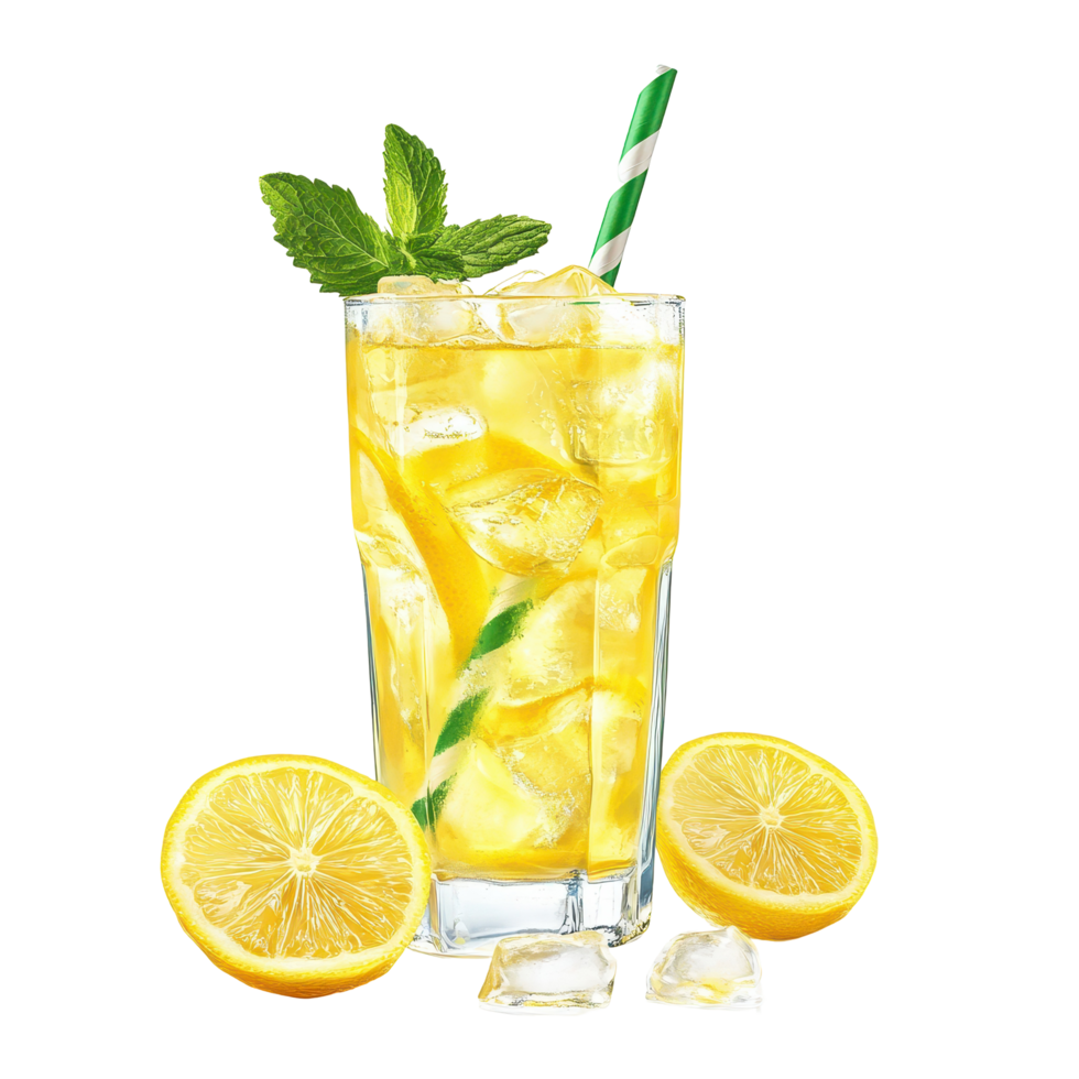Refreshing iced lemonade drink with lemon slices and mint. png