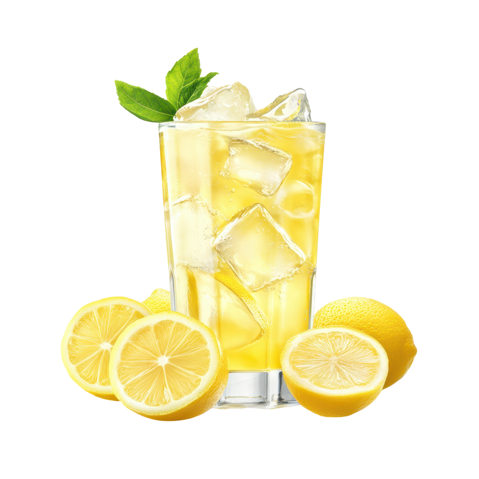Refreshing lemonade drink with ice and lemon slices. png
