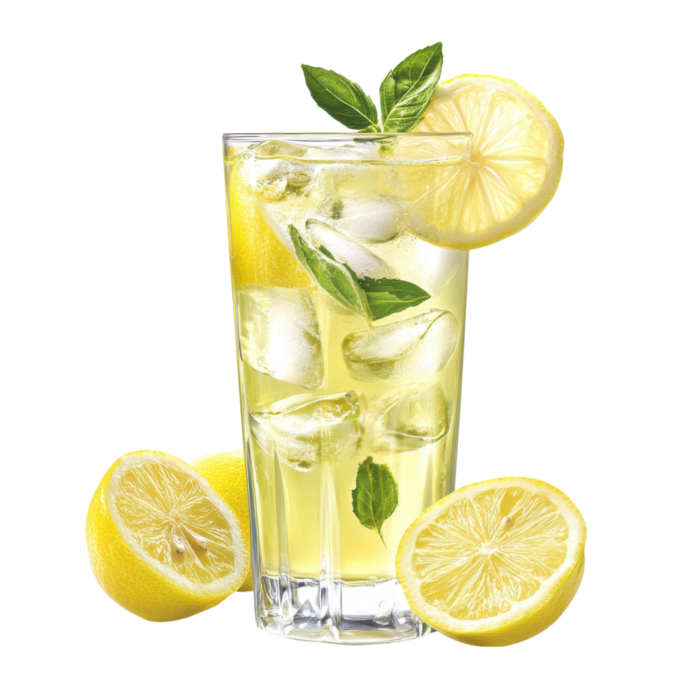 Refreshing lemonade drink in a tall glass with ice and lemon slices. png
