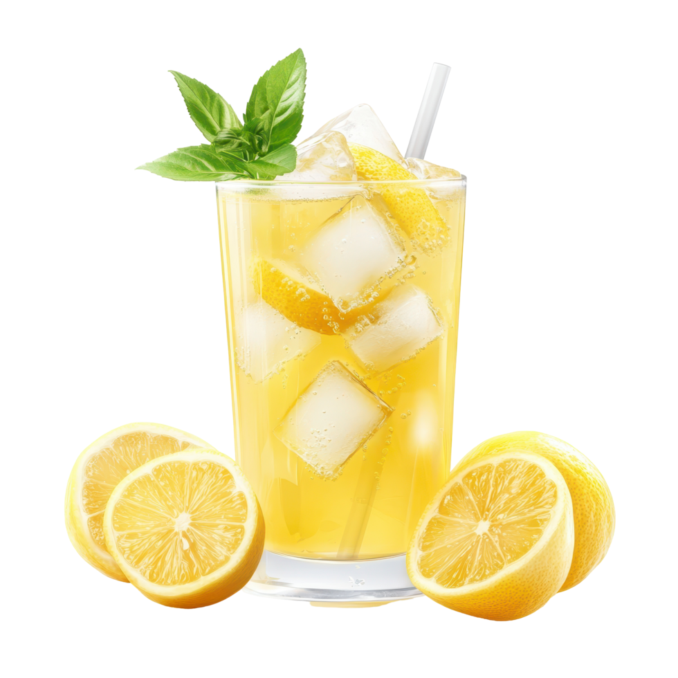 Refreshing lemon drink garnished with ice and basil. png