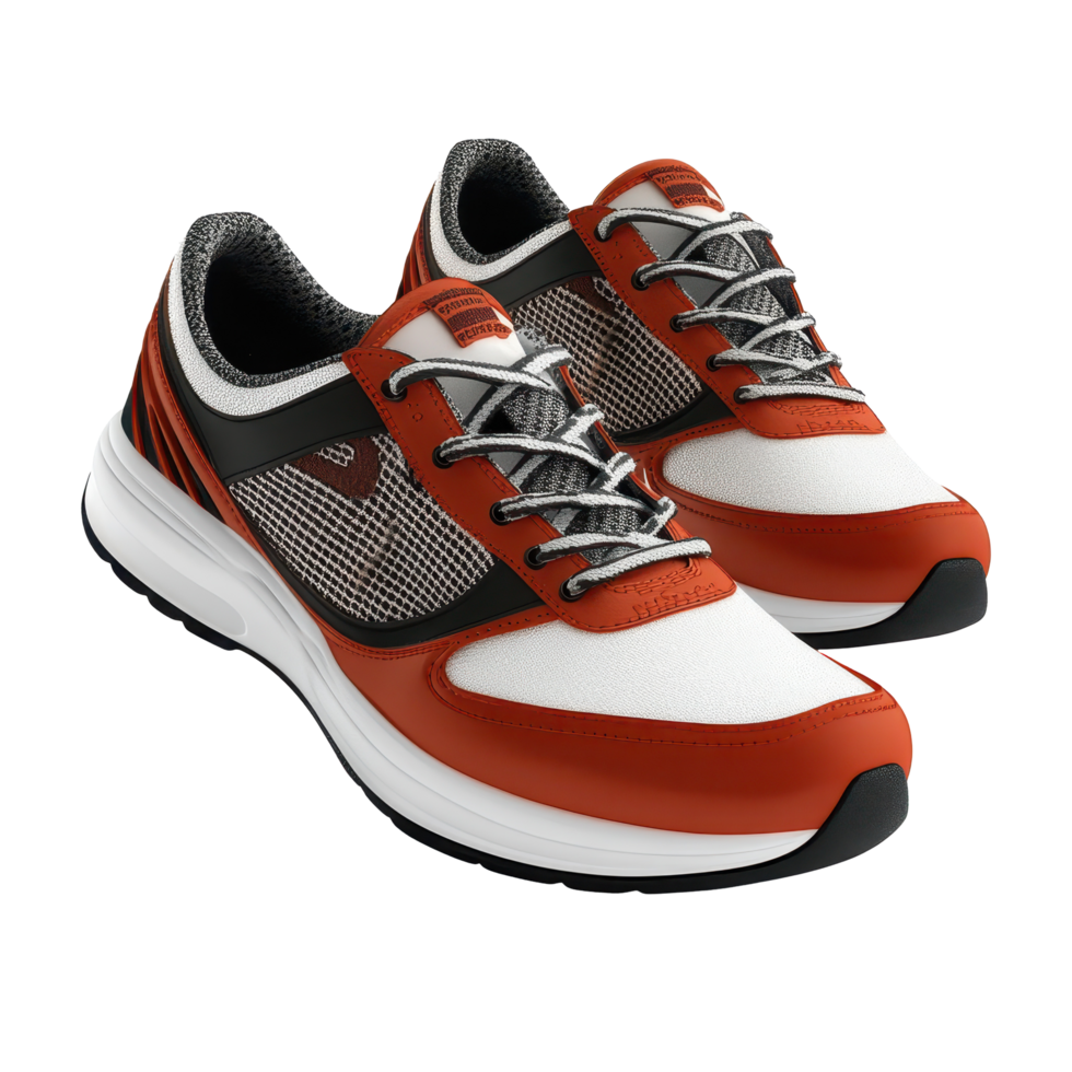 Pair of athletic shoes with orange and white accents. png