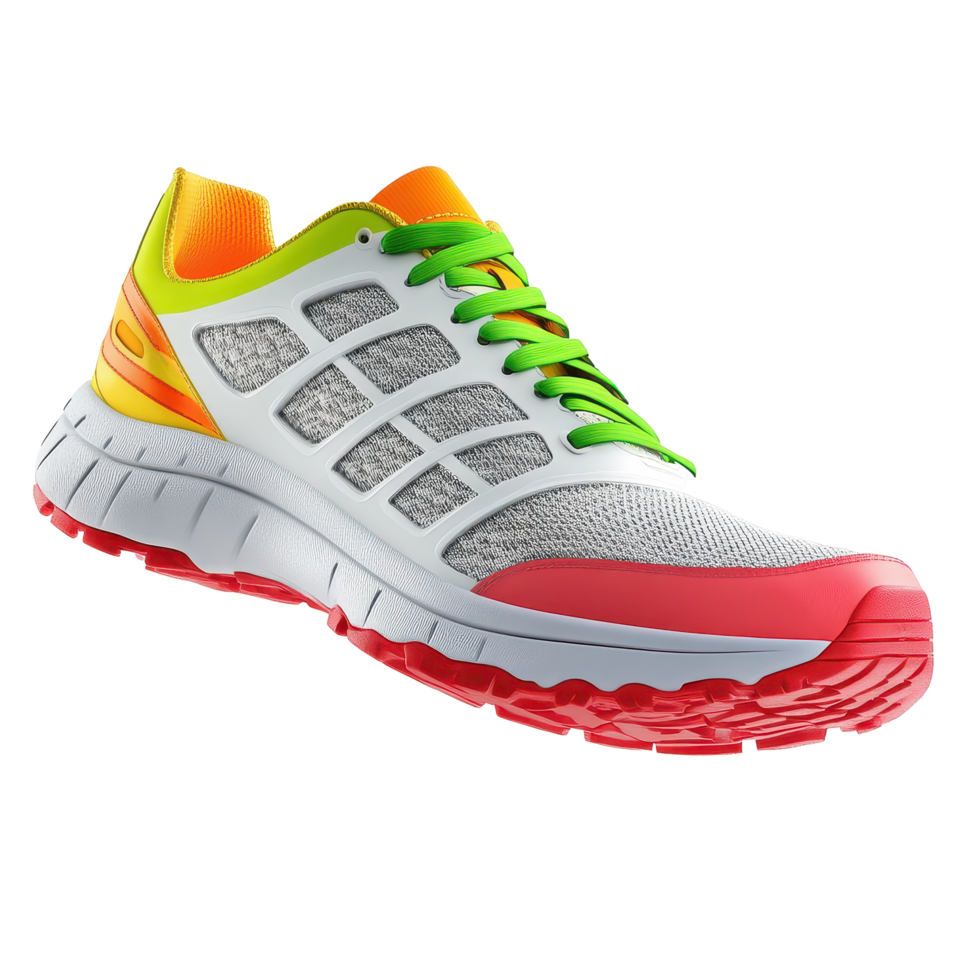 Colorful athletic shoes with bright accents displayed in a setting. png