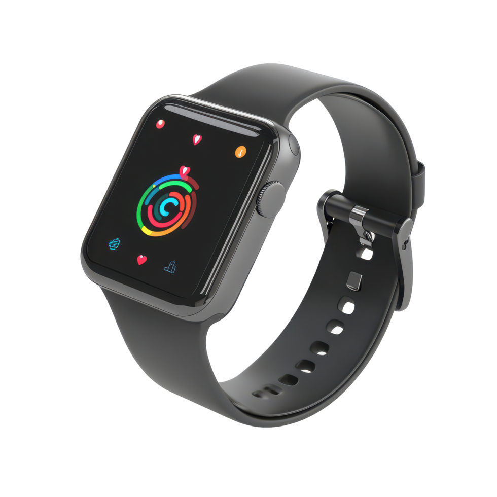 Close-up view of a modern wristwatch with a colorful display. png