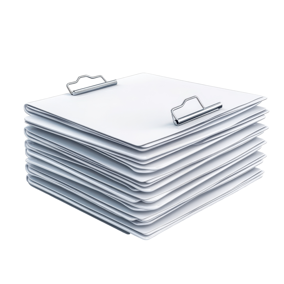 Stacked documents secured with metal clips, a close-up view. png