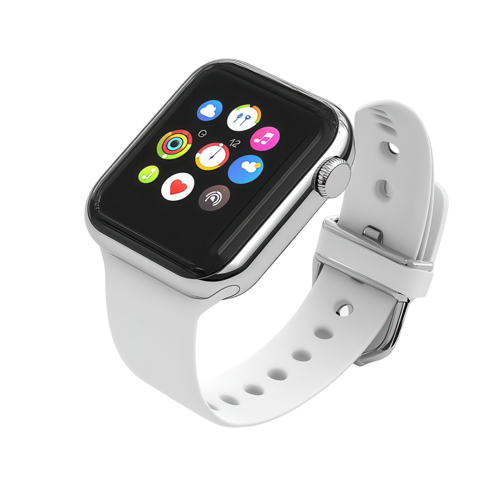 White smart watch with colorful display and strap. png