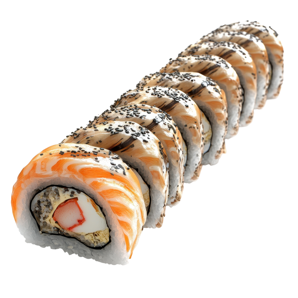 Assorted sushi rolls displayed in a row. png