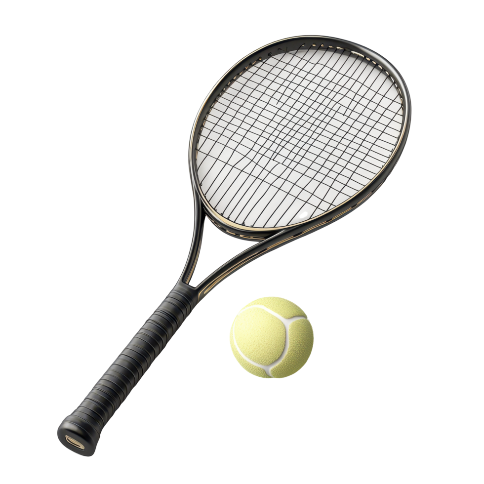 A tennis racket and ball on a dark background. png