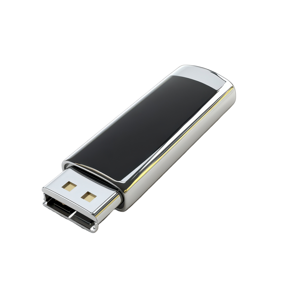 Close-up rendering of a metallic flash drive. png
