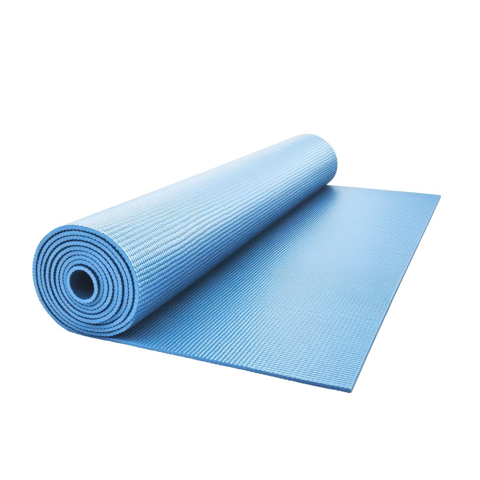 Light-blue exercise mat rolled up on a surface. png