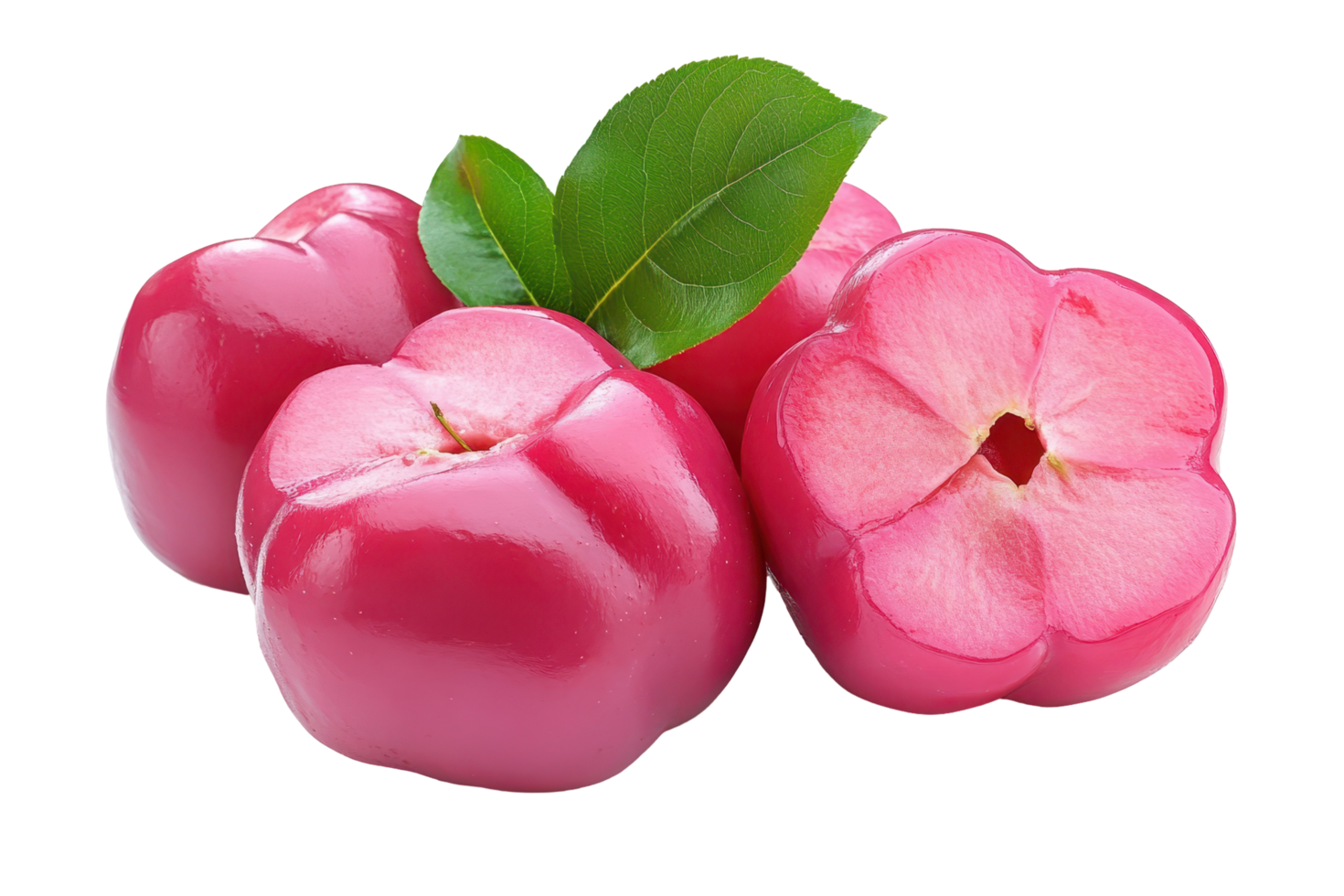 Close-up view of three vibrant pink fruits with leaves. png