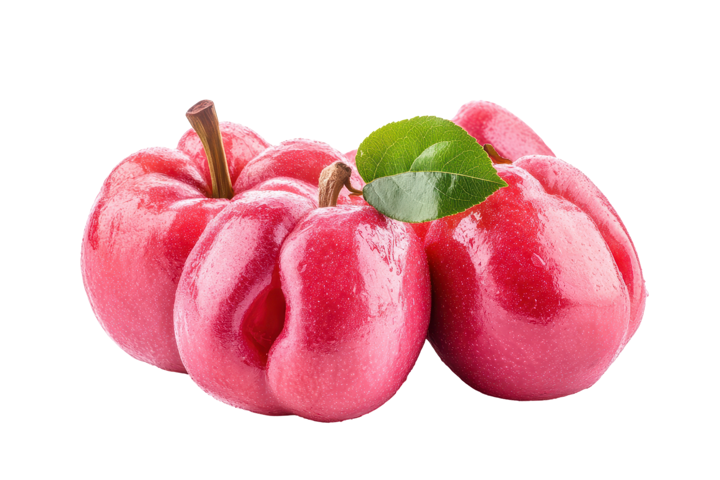 Close up view of three vibrant pink fruits. png
